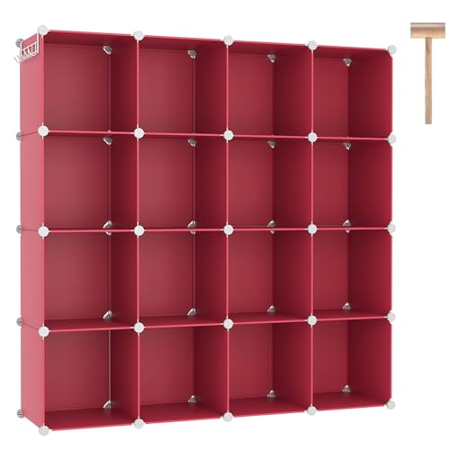 C&AHOME Cube Storage Organizer, 16-Cube Shelves Units, Plastic Storage Cubes, DIY Closet Organizer, Modular Closet Storage Shelves Ideal for Home, Bedroom, 48.4" L × 12.4" W × 48.4" H Red UPCS16R - color: Red