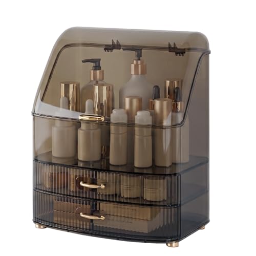 Makeup Organizer Countertop Vanity with Transparent Lid Drawers Waterproof Dustproof Cosmetic Skincare Bathroom Storage Gift for Women Teens Girls (Clear Black) - color: Clear Black
