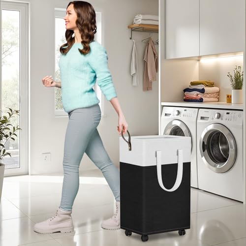 HomeHacks Laundry Basket with Wheels, Rolling Laundry Hamper, Collapsible & Waterproof Clothes Hamper, Narrow Corner Bins with Extended Handles for in the Family & Dorm 90L, Black - color: Black, size: 90L