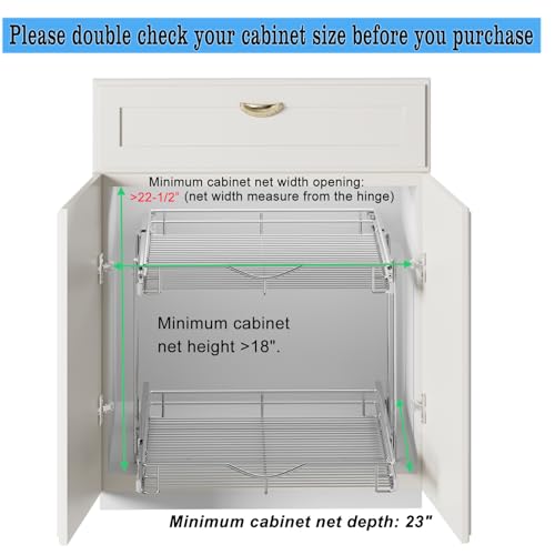 DINDON Pull Out Cabinet Organizer (22-1/2" W x 21-1/2"D), Cabinet Pull Out Shelves, 2 Tier Pull Out Drawers for Kitchen Cabinets, Wire Basket Slide Out Shelf, Pot and Pan Organizer - size: 22-1/2“ W X 21-1/2"D