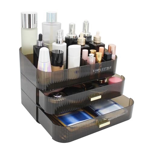 Makeup Organizer with 2 Drawers, Cosmetics Organizer for Bedroom and Bathroom Vanity Countertops, Large Capacity Cosmetic Storage Box for Skincare Cream Perfume Lipstick Dresser Counter-Black - color: Black-1, size: 2 Drawers