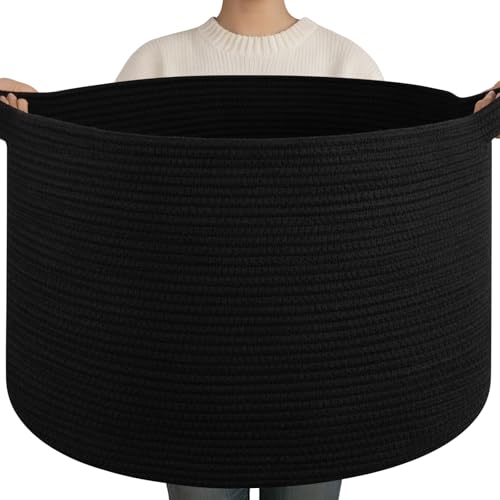 OIAHOMY 90L XXXLarge Blanket Basket for Living Room, 21.7" x 13.8" Woven Cotton Rope Laundry Basket for Organizing Pillows, Decorative Stuffed Animal Toy Storage Bin for Nursery, Black - color: Black, size: 21.7"D x 13.8"H