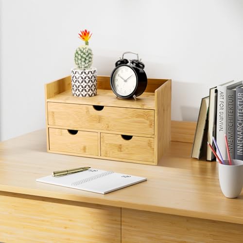 Charmewooden Bamboo Desk Organizer With Drawers Countertop Drawers Counter Storage Box Corner Desk Organizer for Home Office No Assembly Required (3 Drawers with shelf) - style: 3 Drawers with shelf