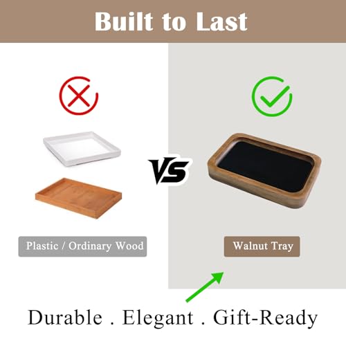 Walnut Wood Serving Tray with Velvet Liner – Decorative Valet Catchall Organizer for Desk, Nightstand & Entryway | Jewelry, Keys & Accessories Holder