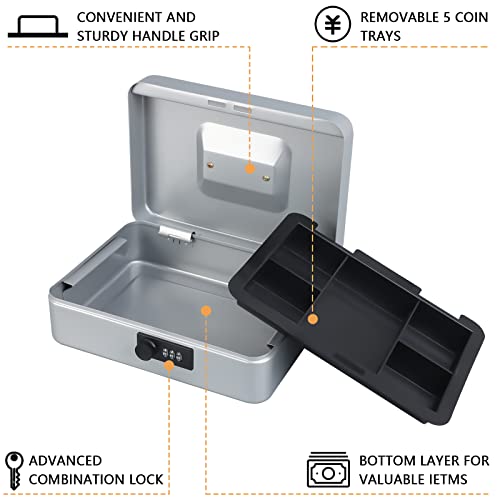 KYODOLED Large Cash Box with Combination Lock,Safe Metal Box for Money, Storage Lock Box with Money Tray,9.84"x 7"x 3.54" Lightgrey Large - color: Lightgrey, size: Large