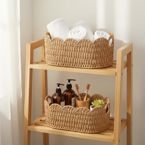 Coeusy Paper Rope Scalloped Basket Set of 2,Woven Storage Baskets for Shelves,Laundry,Towels,Clothes,Books,Toys,Cute Decor Baskets for Organizing,Natural Color - color: Natural