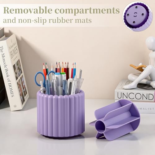 Anyoifax 360° Rotating Pen Holder 7 Slots Desk Organizer Removable Pencil Cup Plastic Art Supplies and Accessories Desktop Storage Box Caddy for Office, School, Home (Purple) - style: Stripe Purple