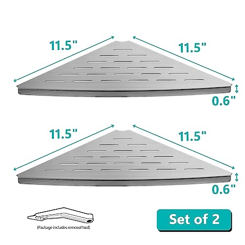 Qeke Corner Shower Shelf Brushed Nickel, 304 Stainless Steel 11.5” Recessed Corner Shelf Bathroom for Tiled Wall, Floating Shower Shelves Shampoo Holder, No Drilling, 2 Pack - color: Brushed Nickel
