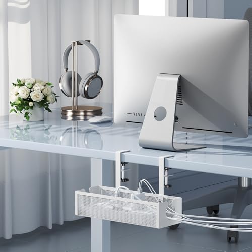 YECAYE No-Drill Metal Under Desk Cable Management Tray, Power Strip & Cable Organizer for Home Office,Under Desk Storage,Organizer Tray,White - color: White
