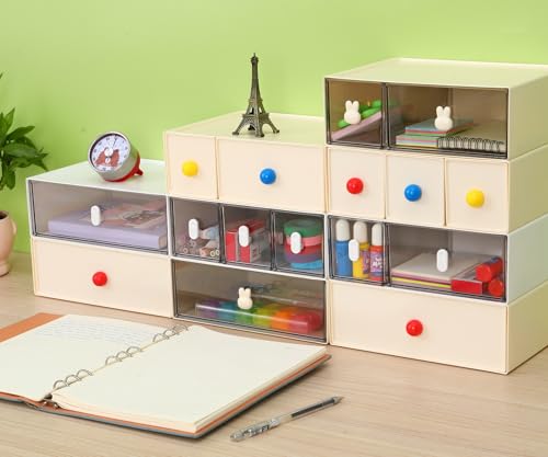 Desktop Storage Drawers, Plastic Desk Organizer with 3 Drawers, Modular Stackable Toolbox Units for Office Stationary, Makeup Container, Bathroom Countertop (1 Tall Layer, Cream & Clear) - color: 1 Tall Layer & 3 Drawers, Cream & Clear