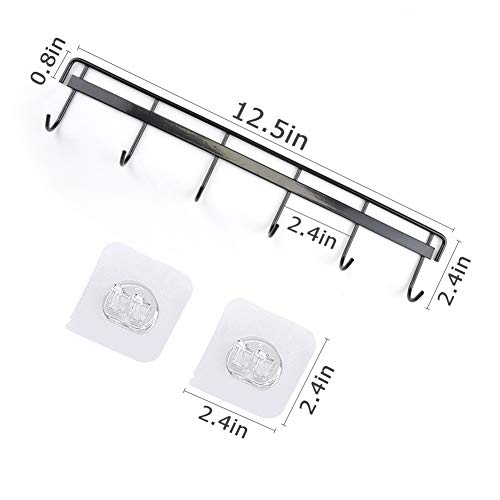 YiZhi Adhesive Wall Hooks Rack Kitchen Rail, Space Saving Utensil Holder No Drilling Wall Mounted Accessory Hanger with 6 Hooks for Kitchen Bathroom Bedroom Pack of 2 (Black) - color: Black