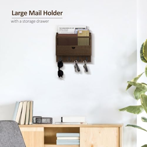 Nekon Mail Organizer with Drawer for Wall, 12"W x 10"H x 3.1"D Mail Sorter Wall Mounted, Wooden Key Holder Wall File Organizer Letter Sorter for Letter Magazines (Brown) - color: Brown