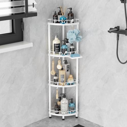 SWTYMIKI Corner Shower Caddy Standing - 4 Tier Stainless Steel Shower Organizer Stand with 4 Hooks & Soap Holder, Rustproof Metal Standing Tall Floor Shower Shelf and Bathroom Organizer, White - color: White-4 tier