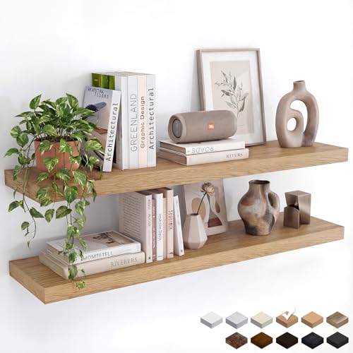INHABIT UNION Oak Floating Shelves Set of 2，35.43in Wall Mounted Display Ledge Shelves for Bedroom, Bathroom, Living Room and Kitchen Decoration Storage - color: Oak, size: 35 Inch