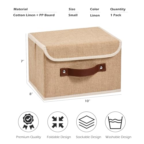Storage Boxes with Lid Cotton Linen Fabric Storage Bins Organizer Container Decorative Collapsible Washable Shelf Baskets Faux Leather Handles for Home Bedroom Closet (Linen, Small) - color: Linen, size: Small (Set of 1)