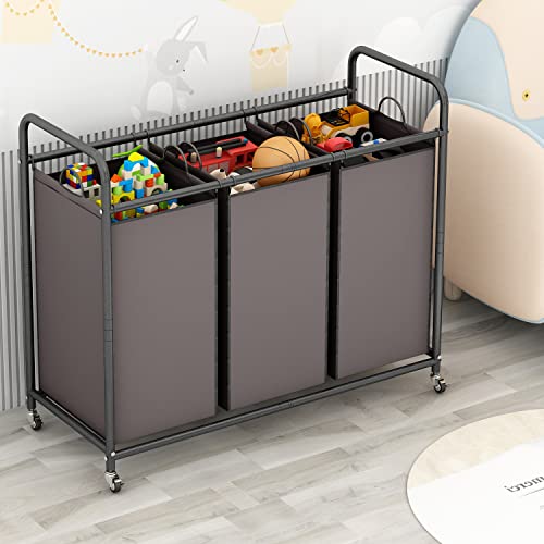 LINZINAR 3-Bag Laundry Sorter,Laundry Hamper Cart with Heavy Duty Rolling Lockable Wheels and Removable Bags (Brown) - size: 3 Bags Brown