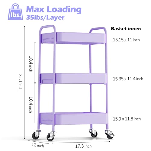 TOOLF 3-Tier Rolling Cart - Metal Utility Storage Organizer with Lockable Wheels, 33 lbs Per Shelf, Tool-Free 5-Min Assembly, for Kitchen Bathroom Office Nursery Craft Room, Purple - color: Purple, size: 3-Tier