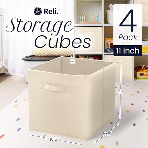 Reli. 11 Inch Cube Storage Bins (4 Pack) | Cube Organizer Bins | 11x11 Fabric Storage Boxes | Collapsible, Foldable Fabric Cubby Box (Square) | Kids Room Organization (Beige)
