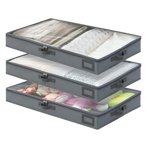 4-Inch Under Bed Storage Containers (3-Pack) | Sturdy Sidewalls | Clear Cover & Label Holder | Underbed Organizer for Crib/Couch | Stores Clothing/Blankets/Wrapping Paper/Toys - size: 4-Inch Height