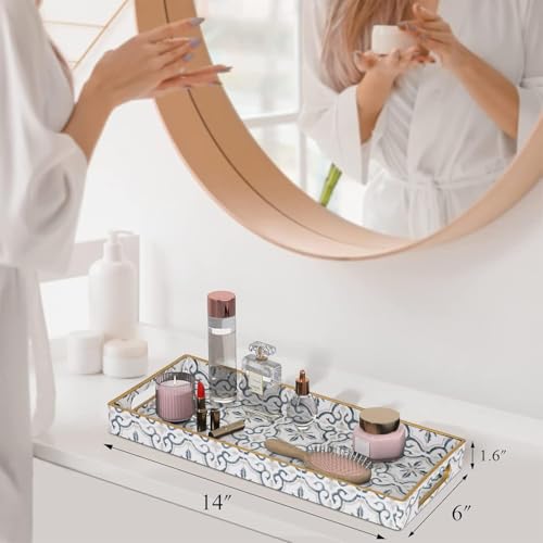 MAONAME White Decorative Tray, Plastic Serving Tray with Handles, Rectangular Moroccan Trays, Long Narrow Trays for Bathroom, Kitchen Counter, 13.8" X 6" X 1.57" - color: White-moroccan
