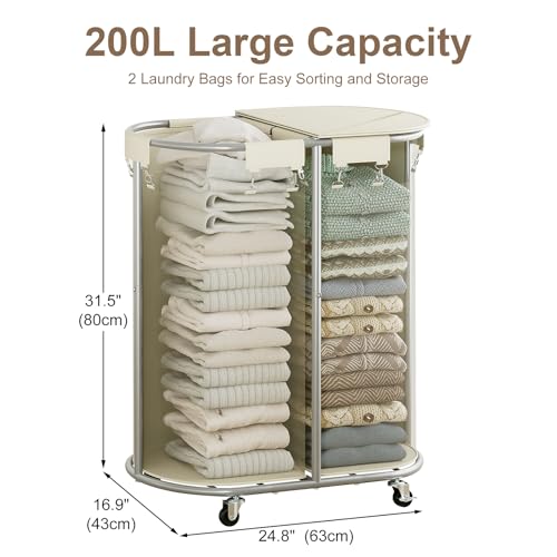 200L Double Laundry Hamper with Lid and Wheels, Large Oval Rolling Laundry Basket 2 section, Sturdy Metal Laundry Cart with 2 Removable Bags, Dirty Clothes Organizer for Home, Dorm, Beige - color: Beige, size: 200L(24.8"L x 16.9"W x 31.5"H)
