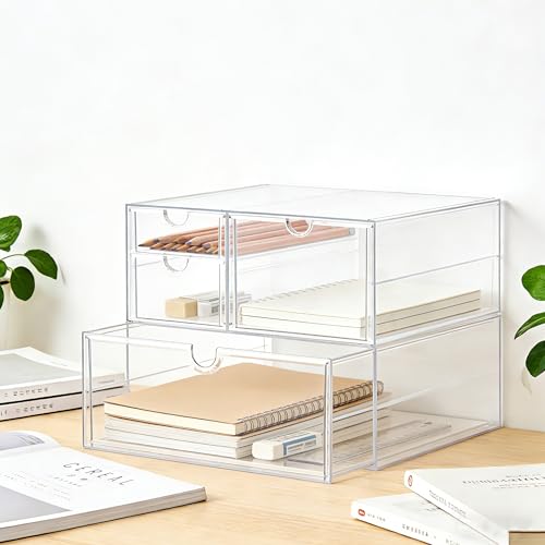 Prsildan Acrylic Drawer Makeup Organizer with 4 Drawers, Set of 2 Office Desk Organizers Accessories, Clear Stackable Storage Drawers for Vanity, Countertop, Craft, Jewelry, Art Supply Organization - style: 4 Drawers