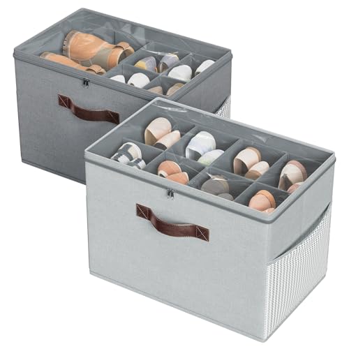 Budding Joy 2 Pack Shoe Organizer for Closet, Clear Foldable Shoe Storage Containers Adjustable Dividers Fits 16 Pairs,Shoe Storage Bins Baskets Boxes with Reinforced Handles Light Grey Greenish Grey - color: Light Gray + Green Gray