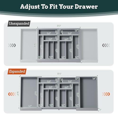 Silverware Organizer Large, Magnetic Connected Expandable 13 Slots Silverware Drawer Organizer from 21 to 37.4 Inches, Adjustable Flatware and Cutlery Holder, Bamboo Utensil Tray for Kitchen Gray - color: Gray, size: 13 Slots