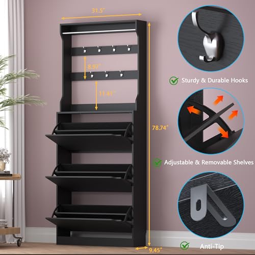 BORNOON Shoe Cabinet with 3 Flip Drawers & Coat Rack, Narrow Hidden Shoe Storage Cabinet, 2-in-1 Hall Tree Slim Freestanding Shoe Rack Organizer for Entryway, Hallway, and Living Room - color: Black, size: 3-Drawer with Rack