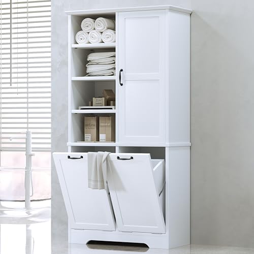 Merax Tall Storage Cabinet with Door and Open Shelf, Multi-Functional Laundry Hamper Basket for Home Bathroom, Laundry Room, White - color: White