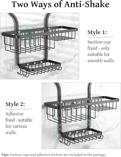 YASONIC Never-Rust Aluminum Hanging Shower Caddy – Over-the-Showerhead Organizer with 10 Hooks for Razor and Sponge – Includes Soap Basket – Black - color: Black