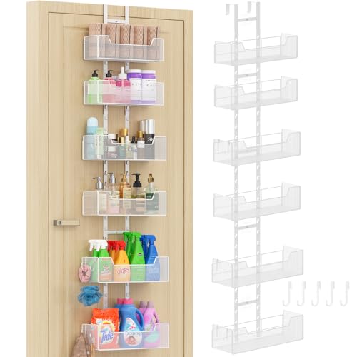 Hongtamoya Over The Door Organizer, Metal Hanging Door Organizer with 6 Adjustable Baskets and 5 Hooks, Behind The Door Storage for Closet Pantry Cabinet Kitchen Bathroom Bedroom, White - color: White Mesh Basket