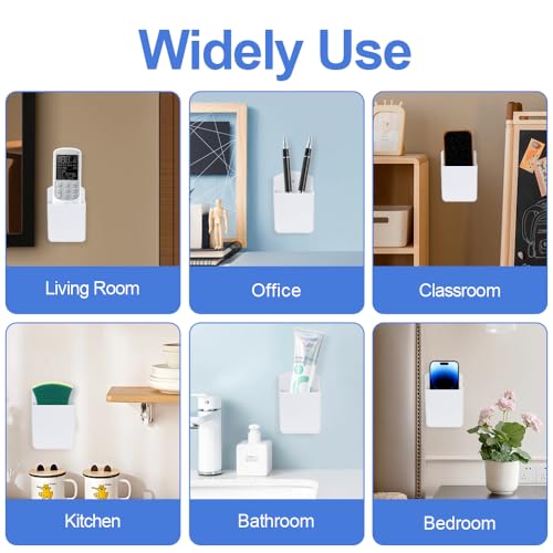 4 Pcs Remote Control Holder, Wall Mount TV Remote Holder Hole Free, Self-Adhesive Storage Box Pen Containers Organizer for Home Office School (White)