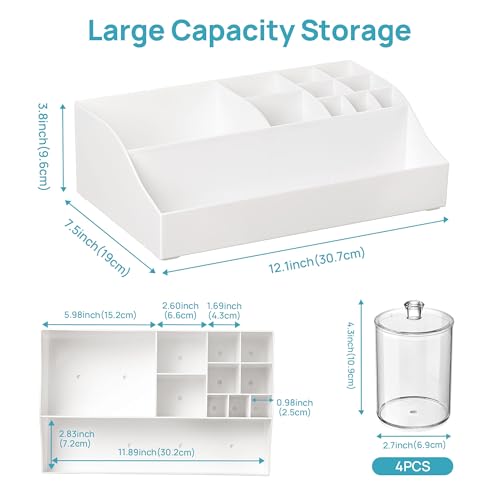 Vtopmart 5 PCS Bathroom Countertop Organizer, 1 Divided Tray with 4 Qtip Holder Jars, Restroom Clear Organizers for Toothbrush, Cotton Pads Balls, Floss, Bathroom Vanity Accessories Storage Set, White - color: White