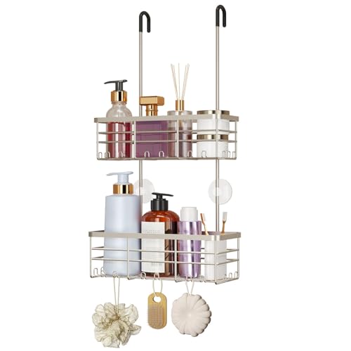 HapiRm Hanging Shower Caddy Organizer - No Drilling Shower Organizer with Hooks, Rustproof & Waterproof 304 Stainless Steel Bathroom Shelves - Brushed Nickel - color: Brushed Nickel