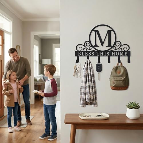 Metal Letter M Key Holder for Wall, Decorative Metal Key Holder Wall Mount, Key Hooks Coat Rack Monogram Wall Decor, Perfect for Bathroom, Living Room, Kitchen, Anniversary Housewarming Gift - style: M