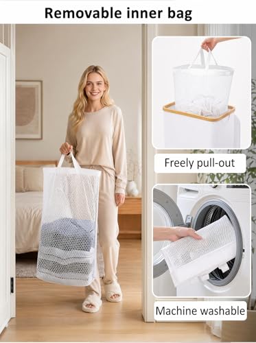 iEGrow 110L Laundry Hamper with Lid，Dirty Clothes Hampers for Laundry,Laundry Basket with Bamboo Handles and Removable Bag,Hamper for Bedroom, Bathroom, Dorm, Laundry Room, White - color: White, size: 110L