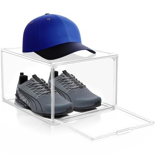 1 Pack Drop Front Shoe Boxes Acrylic Box Sneaker Case Size 12, Transparent Display Cases for Sneaker Collections, Baseball Caps, Hat Organizer Dust-free Shoe Cubbies Stackable Sneaker Boxes - size: Size 12 - 1 Pack