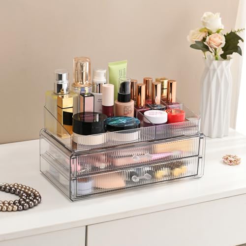 ZHIAI stackable storage drawers, acrylic storage rack, cosmetics and beauty products organizer, suitable for makeup room, bathroom, pantry, home bedroom storage - color: 2 long drawers
