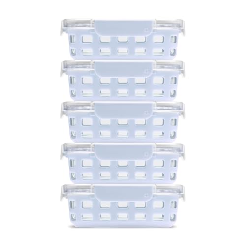 Ello Duraglass 3.4 Cup Meal Prep Sets 10Pc, 5 Pack Set- Glass Food Storage Container with Silicone Sleeve and Airtight BPA-Free Plastic Lids, Dishwasher, Microwave, and Freezer Safe, Halogen Blue - color: Halogen Blue with Sleeve, size: 3.4 Cup