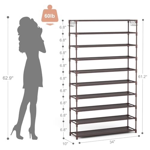 LANTEFUL 10 Tiers Shoe Rack 50 Pairs Large Capacity Tall Shoe Organizer Sturdy Shoe Storage with Two Hooks Space Saving Metal Wide Shoe Rack for Closet, Entryway, Bedroom, Brown - color: Brown, size: 10 Tier-61.2" High-34" Wide