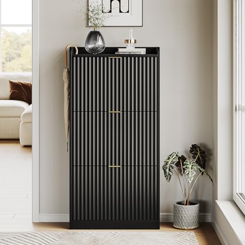 Black Fluted Shoe Cabinet with 3 Flip Drawers, Narrow Shoe Storage Cabinet for Entryway, Freestanding Shoes Rack Organizer Cabinets with Adjustable Shelves for Entryway, Hallway - color: Black, size: 3-Drawers