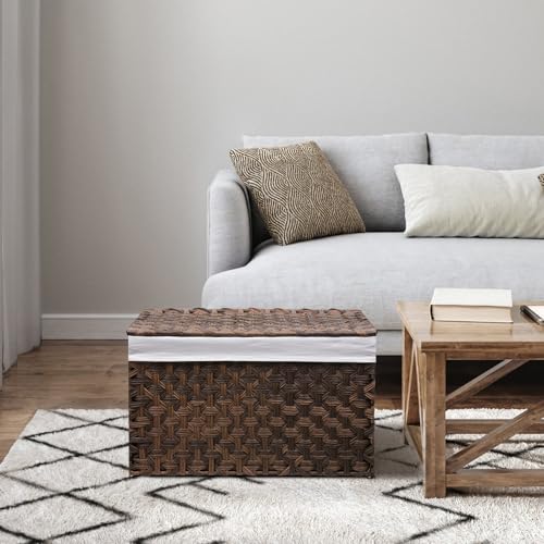 Wicker Storage Basket with Lid, 17.2 Gallon (65L) Small Blanket Basket with Lid, Woven Storage Bin with Handles, Removable Liner, Metal Frame, Foldable, for Bedroom, Laundry Room, Brown - color: Brown, size: 65L:13.4 x 21.9 x 13.4 Inches