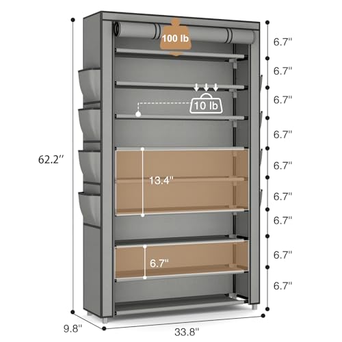 Shoe Rack with Cover, 10 Tier Shoe Organizer Storage for 40-50 Pairs Sneaker and Boots, Large Capacity, with 8 Pockets, Free Standing Tall Shoe Rack for Front Door Entrance, Closet, Grey - color: Grey