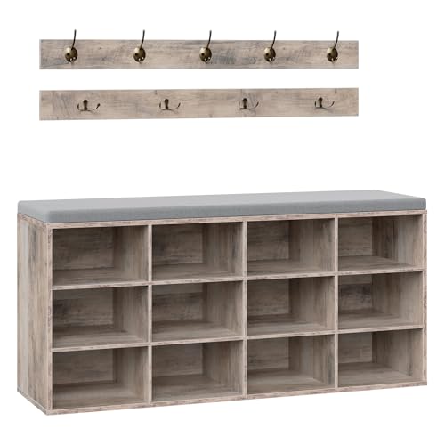 HOOBRO Shoe Storage Bench with Cushion, 39.4" L Entryway Bench with 12 Cubbies, Entryway Hall Tree with Storage, Shoe Cabinet with Coat Rack for Bedroom, Hallway, Holds up to 330 lb, Gray GY112HX01 - color: Grey