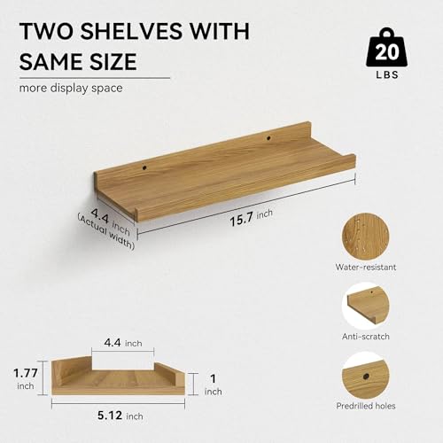 Boswillon Floating Shelves Set of 2, Modern Wall Shelves with Lip, Display Picture Ledge for Bedroom, Living Room, Bathroom, Kitchen - Oak - color: Oak, size: 15.7 In