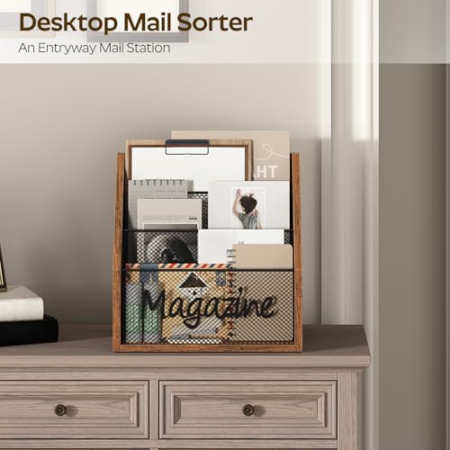 YATINEY Magazine Holder, Wood Magazine Rack Floor, Mail Organizer Countertop, Magazine Mail Holder Sorter, Record Holder for Magazines, Books, Newspapers, Tablets, Rustic Brown and Black MR02BR - color: Rustic Brown + Black