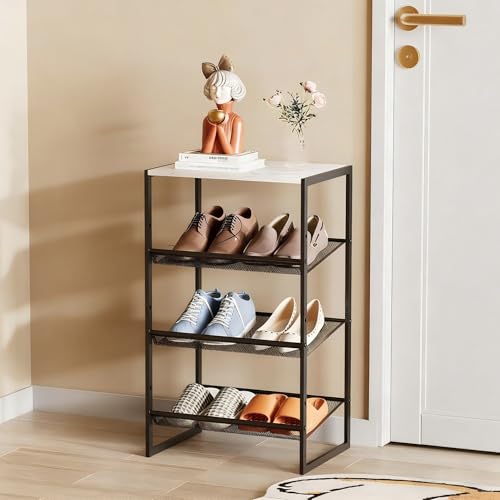 Garden 4 you Shoe Rack for Closet Narrow 4 Tiers, Small Shoe Rack with White Wooden Tabletop, Adjustable Metal Shoe Shelf for Closet Entryway Hallway Living Room - color: White, size: 4-Tier