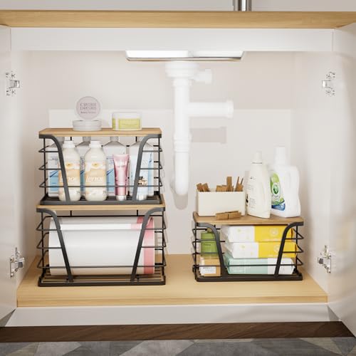 TIDIIABODE 3 Pack Stackable Pantry Organizer, Trash Bag Dispenser Under Sink, Kitchen Organization and Storage, Kitchen Counter Organizer, Black - color: 3-Pack-XL&L&S-Black