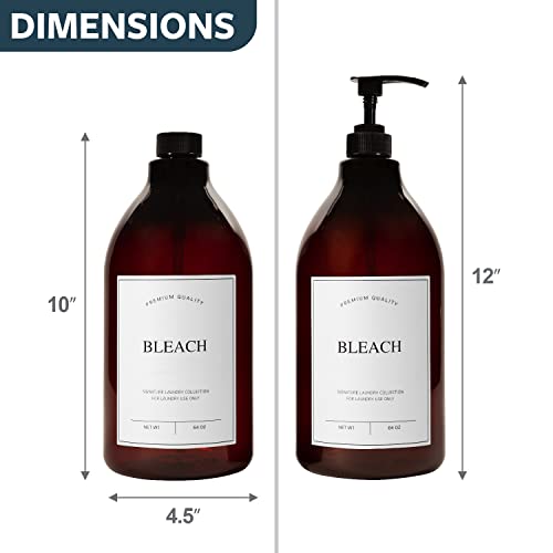 Calindiana Modern Farmhouse Bleach Liquid Laundry Detergent Dispenser for Laundry Room Decor and Organization, PET Plastic Landry Soap Containers with Water Resistant Label, Amber 64oz - color: Amber Bottle/White Label, style: BLEACH